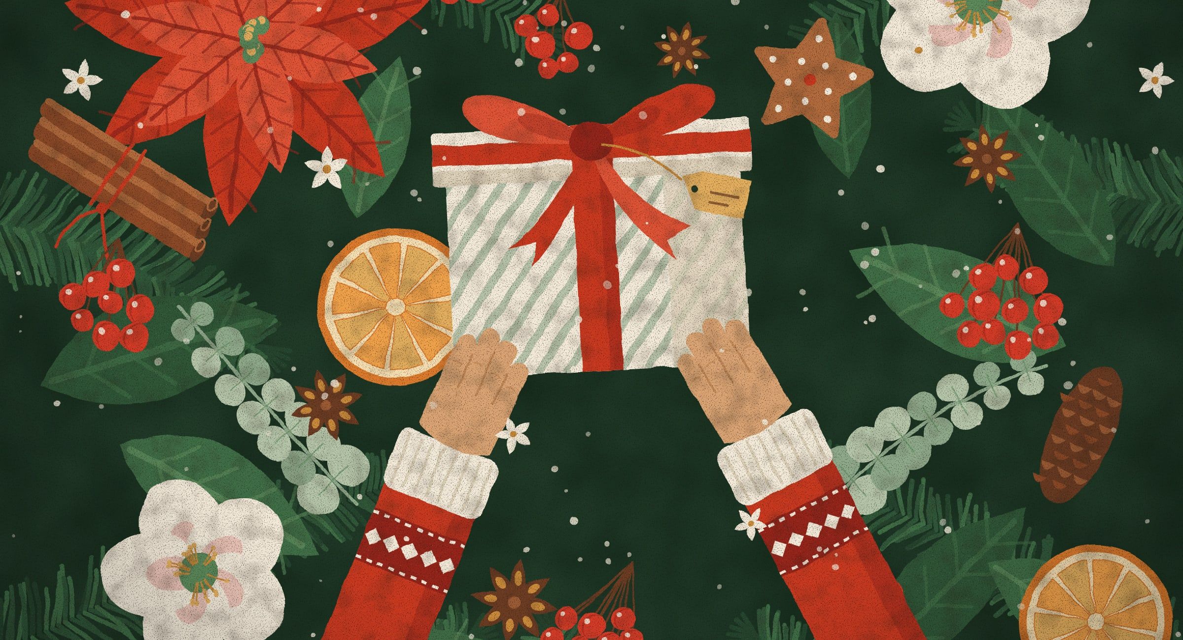 Two hands in red knitted sleeves hold out a gift wrapped in striped paper with a red bow, among poinsettia, berries, orange slices and fir on deep green.